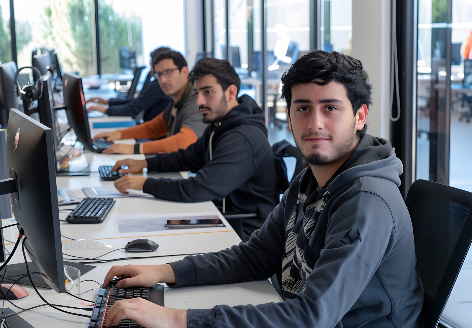 man-is-sitting-computer-with-keyboard-front-him